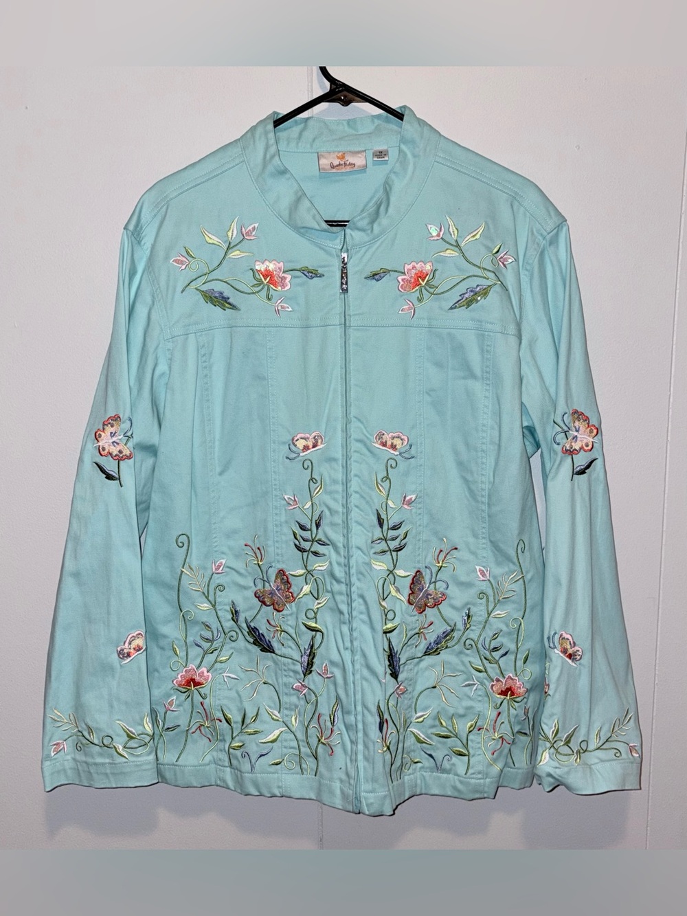 Quacker Factory Light Teal Embroidered Floral Jacket